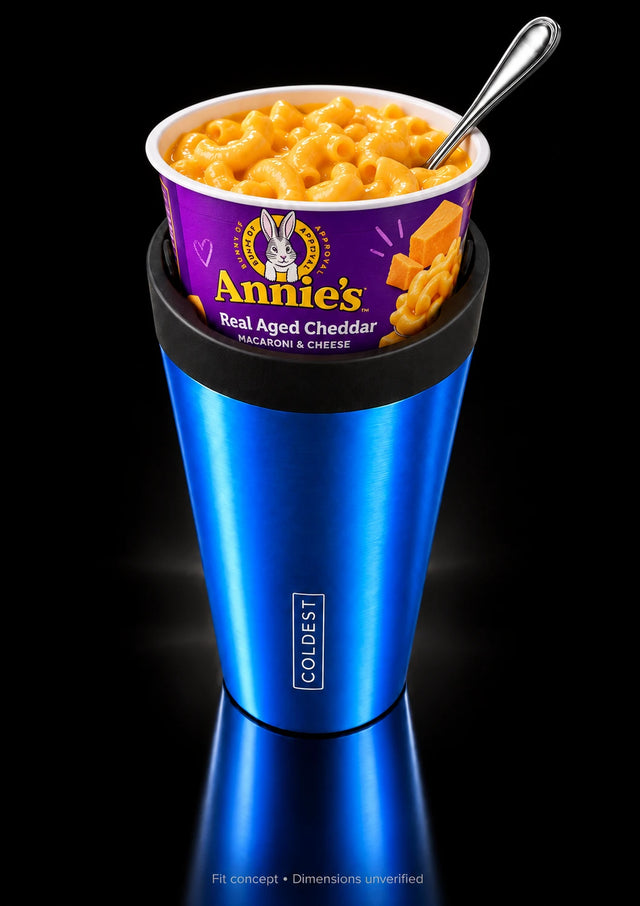 Annie's Real Aged Cheddar macaroni and cheese cup in the COLDEST Drive Thru tumbler
