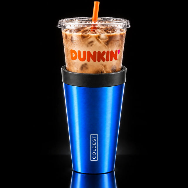 Dunkin' iced coffee cup dropped into the COLDEST Drive Thru tumbler