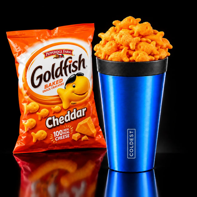 Goldfish cheddar crackers in the COLDEST Drive Thru tumbler