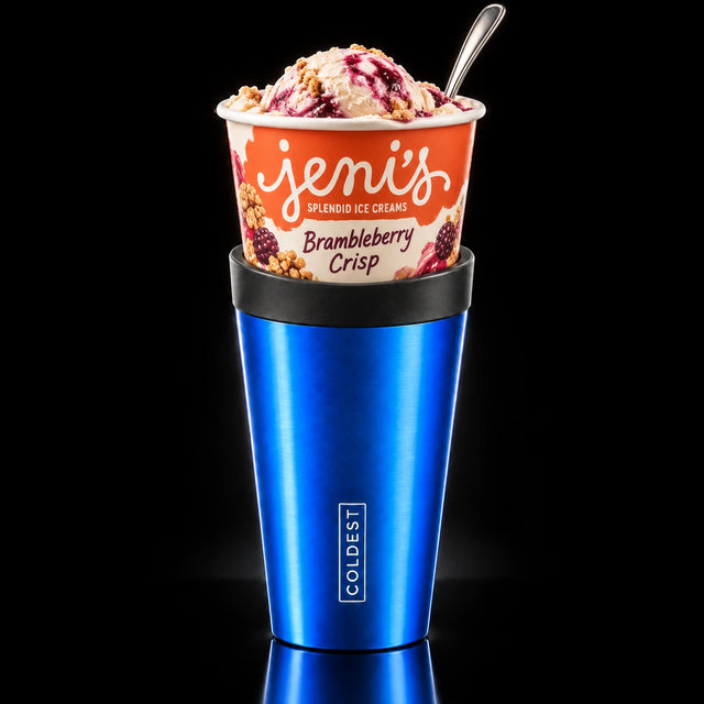 Jeni's Brambleberry Crisp ice cream pint dropped into the COLDEST Drive Thru tumbler