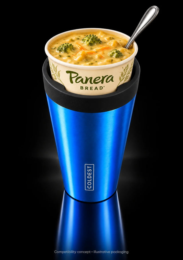 Panera Bread broccoli cheddar soup cup in the COLDEST Drive Thru tumbler