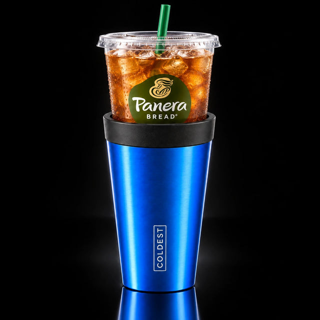 Panera Bread iced tea cup dropped into the COLDEST Drive Thru tumbler