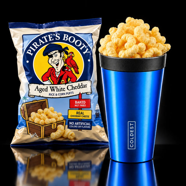 Pirate's Booty Aged White Cheddar puffs in the COLDEST Drive Thru tumbler