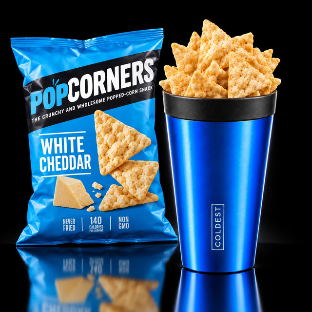 PopCorners White Cheddar popped-corn chips in the COLDEST Drive Thru tumbler