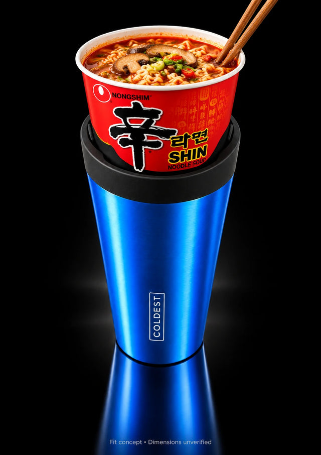 Nongshim Shin Ramyun noodle cup in the COLDEST Drive Thru tumbler