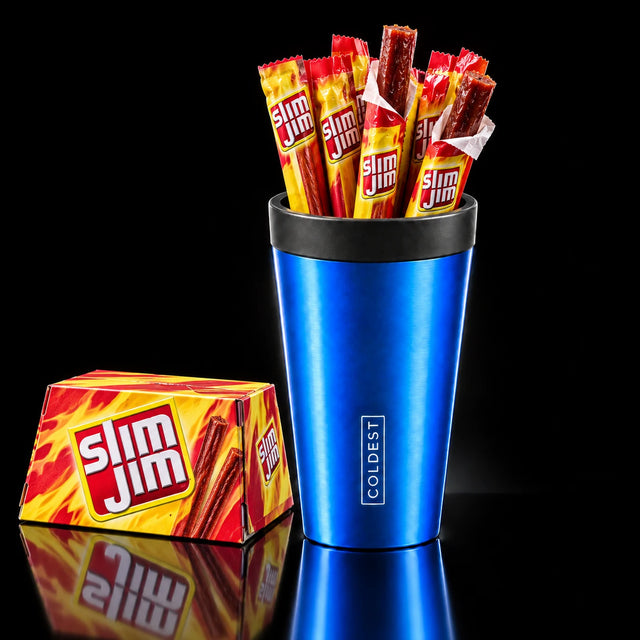 Slim Jim meat sticks standing upright in the COLDEST Drive Thru tumbler