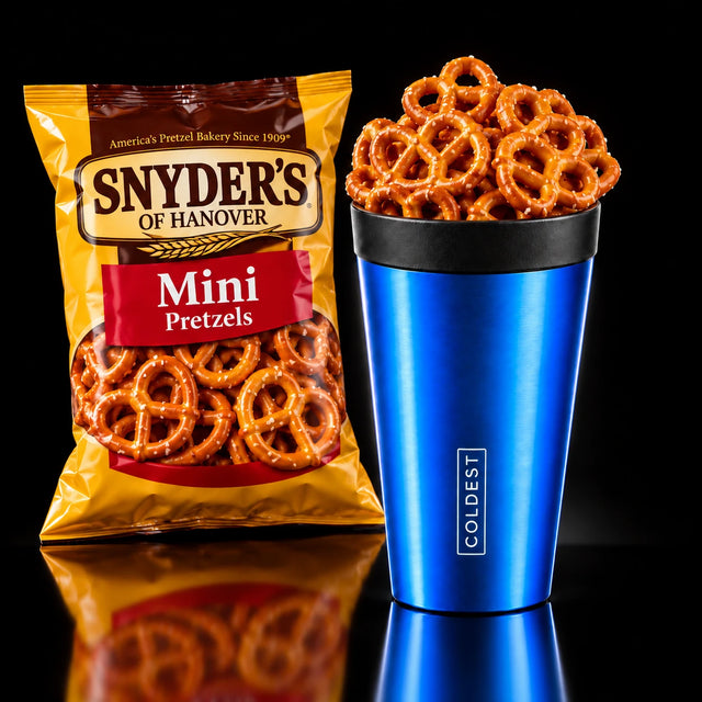Snyder's of Hanover mini pretzels in the COLDEST Drive Thru tumbler