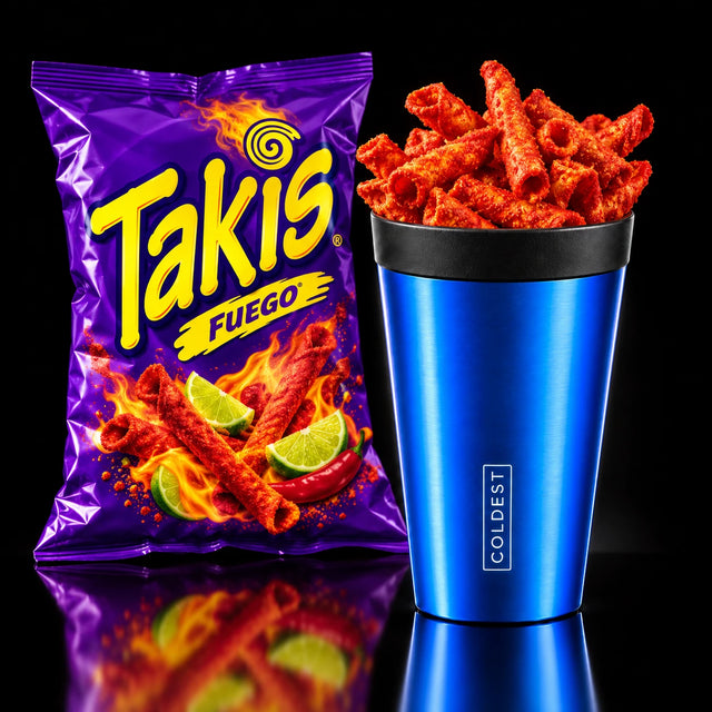 Takis Fuego rolled tortilla chips in the COLDEST Drive Thru tumbler