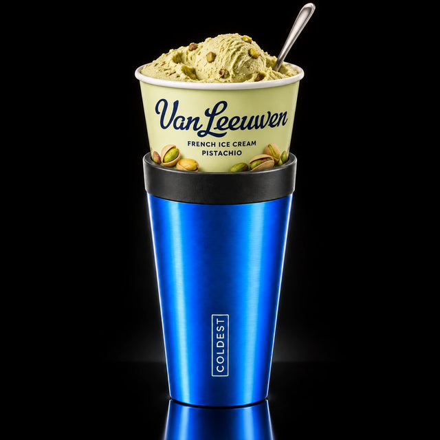 Van Leeuwen pistachio ice cream pint dropped into the COLDEST Drive Thru tumbler